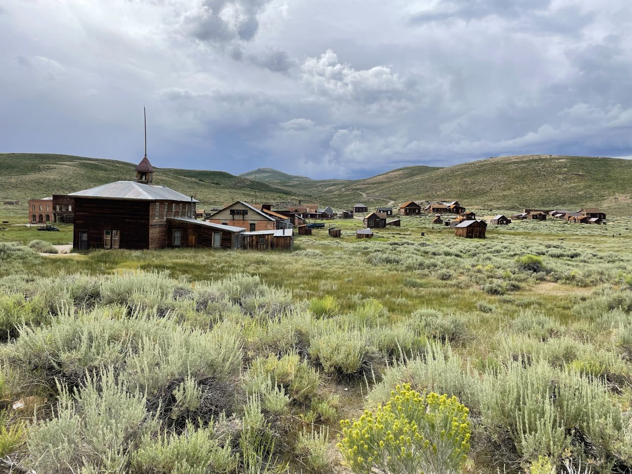 The schoolhouse with the rest of Bodie behind it
