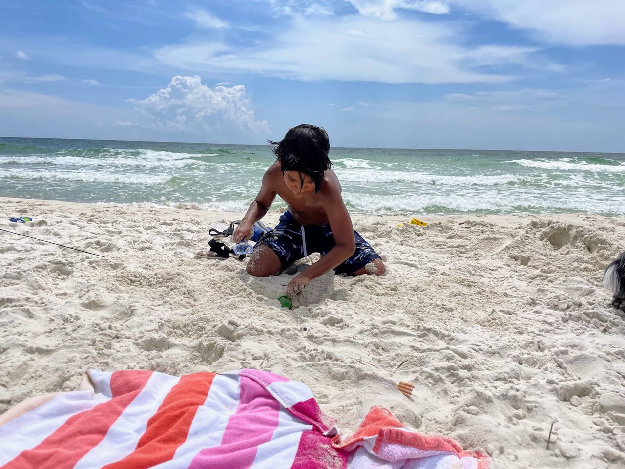 Oliver digging in the sand at the beach