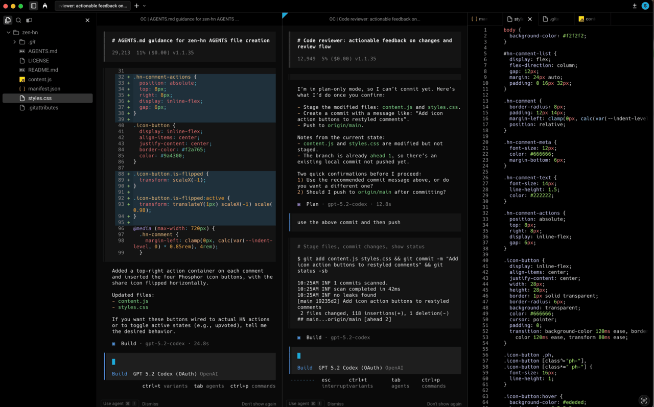 Vibe coding in Warp terminal. Project folders on the left. Two windows for agents, and a css file on the right.