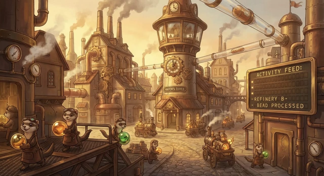 A whimsical, steampunk-style illustration of a bustling industrial town inhabited by anthropomorphic otters wearing goggles and aprons. The otters are carrying glowing yellow and green orbs and loading them onto small steam-powered carts on a cobblestone street.