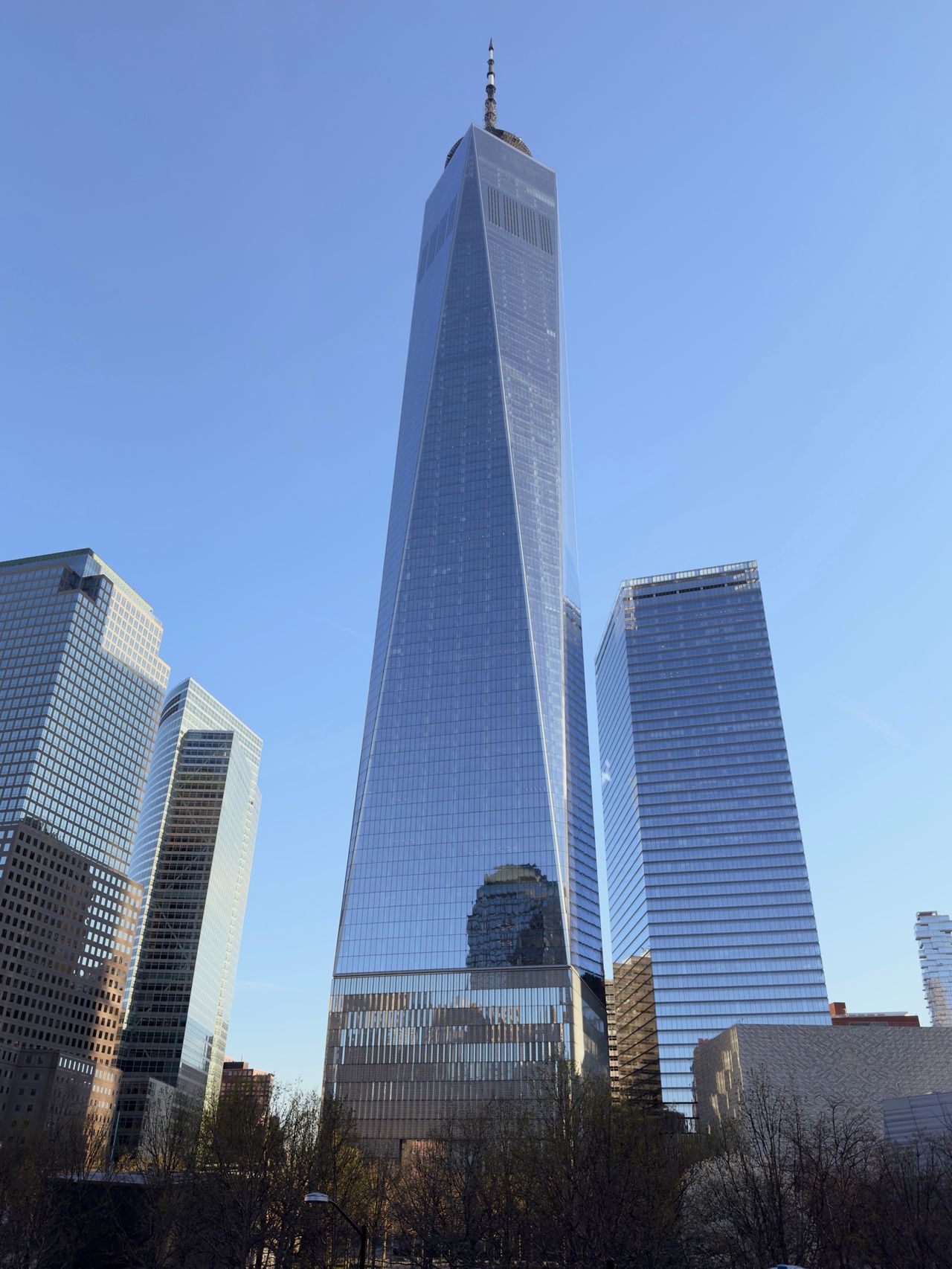 The full glass facade of One World Trade Center rises into a clear blue sky, flanked by neighboring towers.