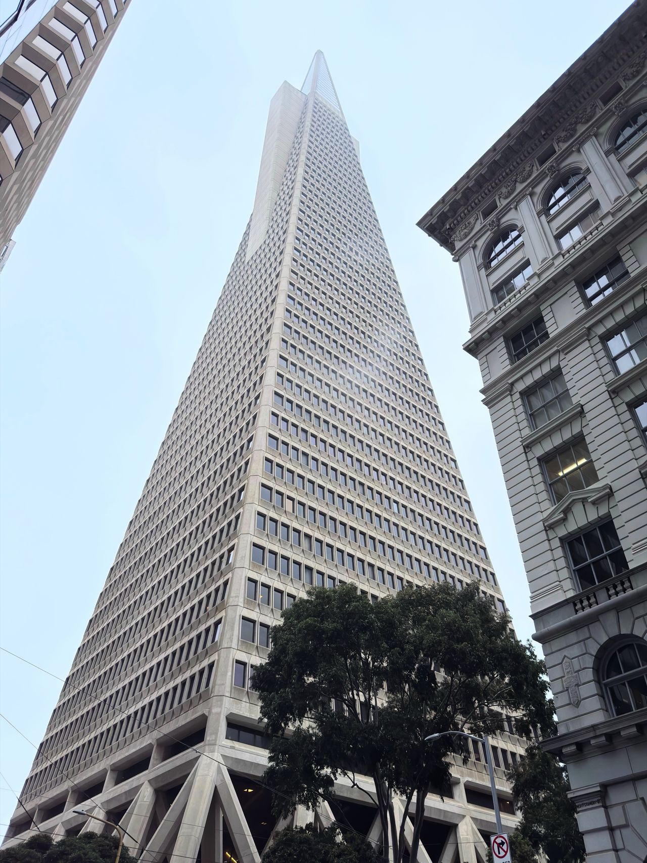 Looking straight up at the TransAmerica Pyramid from street level, framed by a smaller classical building and trees.