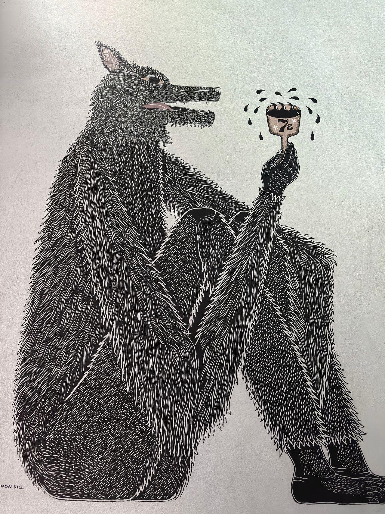 A black-and-white print by Ryan Dill of a fur-covered wolfman in pants, holding up a small steaming bottle marked '7%' against a pale background.
