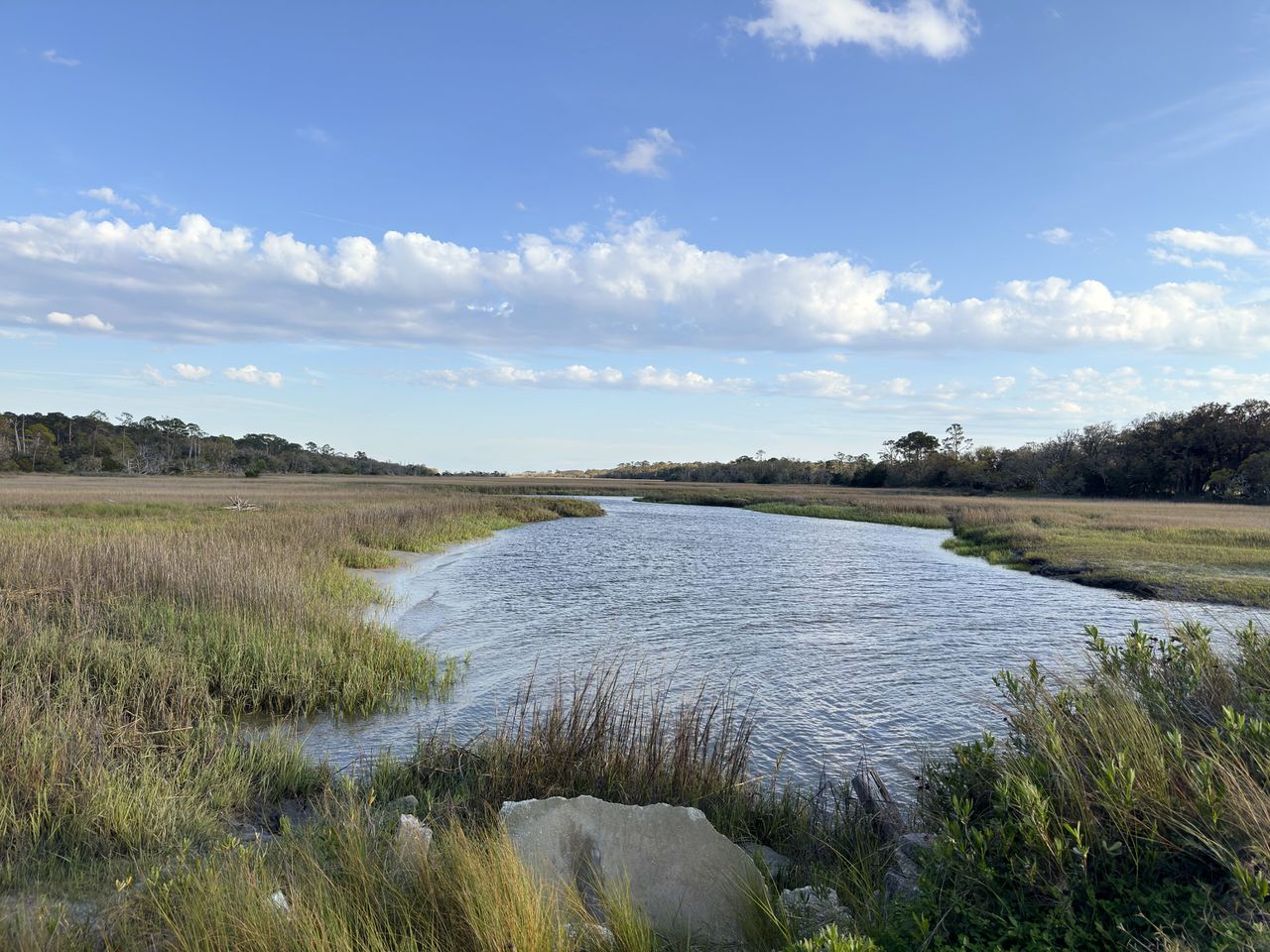 A tidal creek winds through a coastal marsh with golden grasses, trees on the horizon, and a partly cloudy blue sky