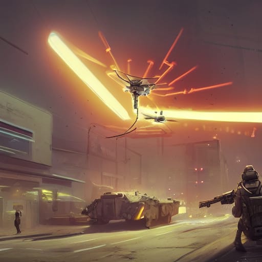 A soldier looks at a large drone hovering above an armored vehicle