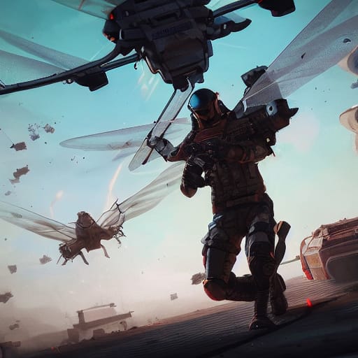 A soldier is front and center. Flying vehicles with dragonfly like wings appear behind them