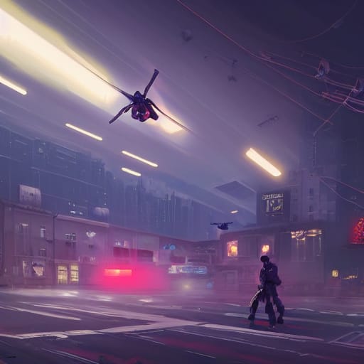 Some sort of tripod being walks down a street with a drone hovering above
