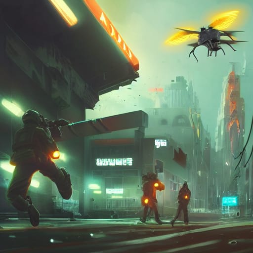 A soldier jumps to the side. Two others walk in front a drone hovers above