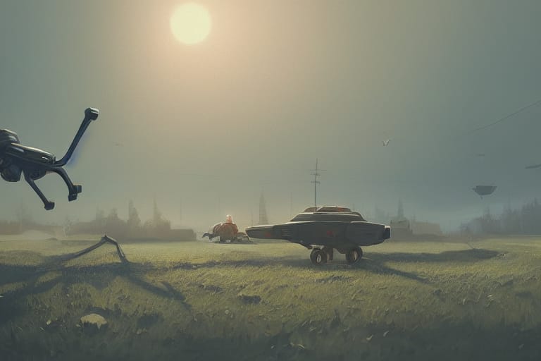 Sci-fi digital artwork of a futuristic vehicle on a misty grass field with a mechanical drone in the foreground and hazy structures in the distance