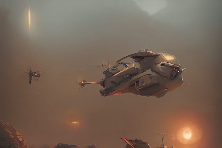 Sci-fi concept art of a futuristic spacecraft hovering in a hazy, amber-lit sky with smaller vessels nearby