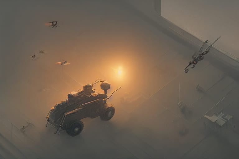 Isometric digital illustration of a ground rover and several drones in a hazy, warmly lit environment