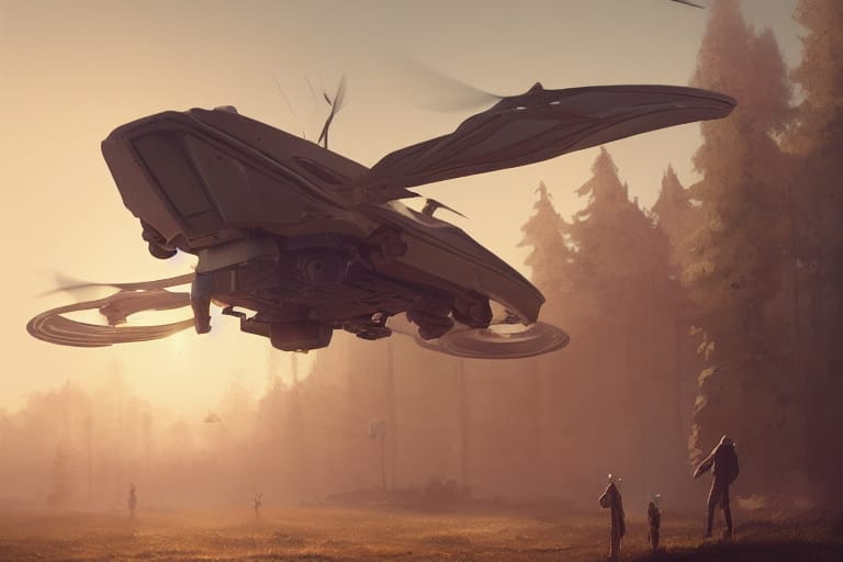 A large sci-fi aircraft with swept wings hovers over a misty forest clearing as small figures watch from below