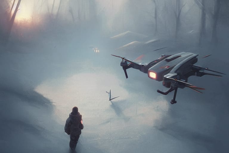A person in a winter jacket faces a large drone with glowing lights hovering in a foggy, snow-covered landscape