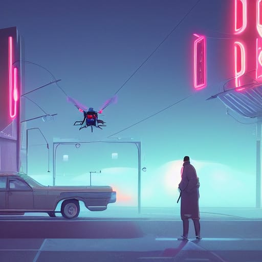 A person stands in the middle of the street watching a drone
