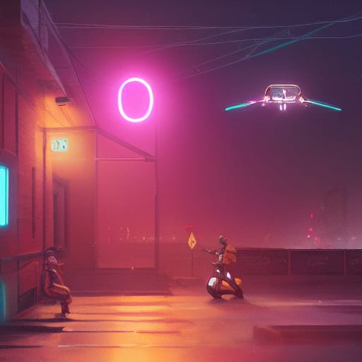 A drone hovers above a parking lot. One person leans against the wall, while the other is on some sort of futuristic scooter