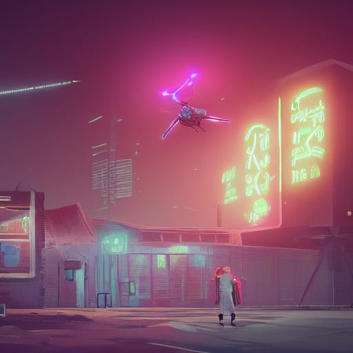 Drone hovers above a parking lot. A person watches. Neon characters glow orange on a building in the distance