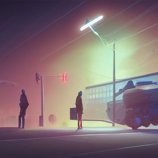 Two people stand under a light on a street at night