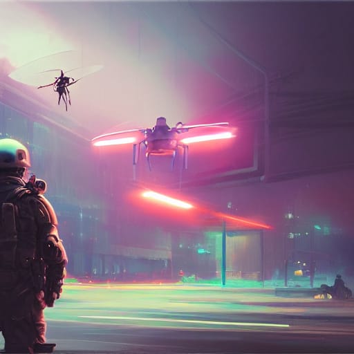 A soldier with his back to the camera stares at a drone hovering in the middle of the street