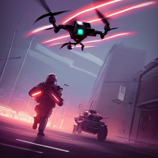 A soldier stares at a drone jumping at him