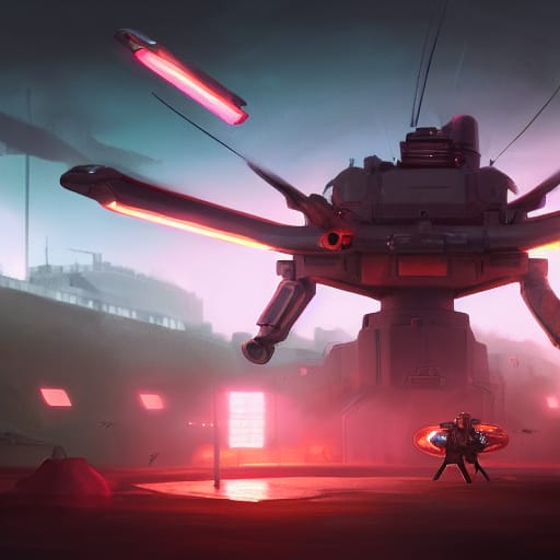 A small drone on the ground with a large one in the background