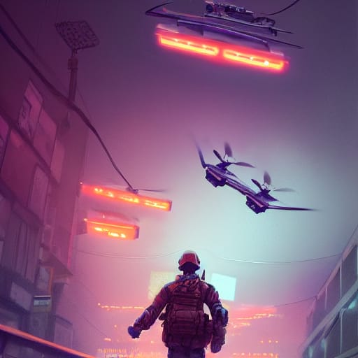 A soldier with his back to us. Staring up at a drone