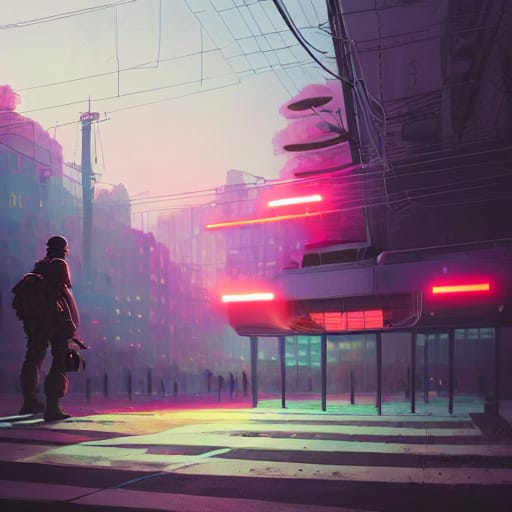 An oversized soldier looks at a building
