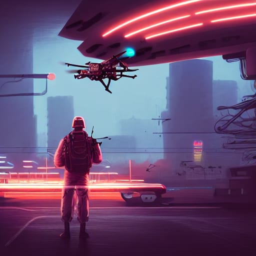 A drone hovers above a soldier