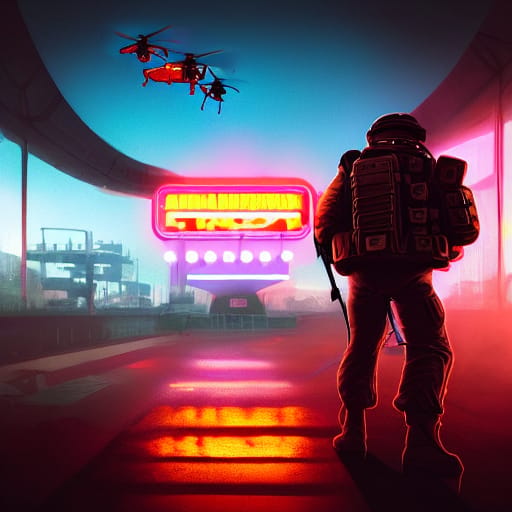 A soldier looks at a neon sign. A drone hovers above him
