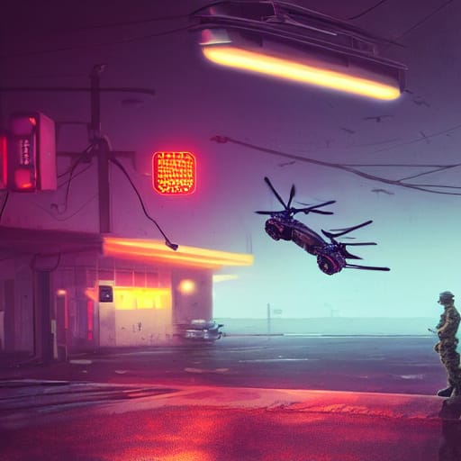 Cyberpunk night scene with a soldier watching a futuristic armed drone hover over a neon-lit urban street