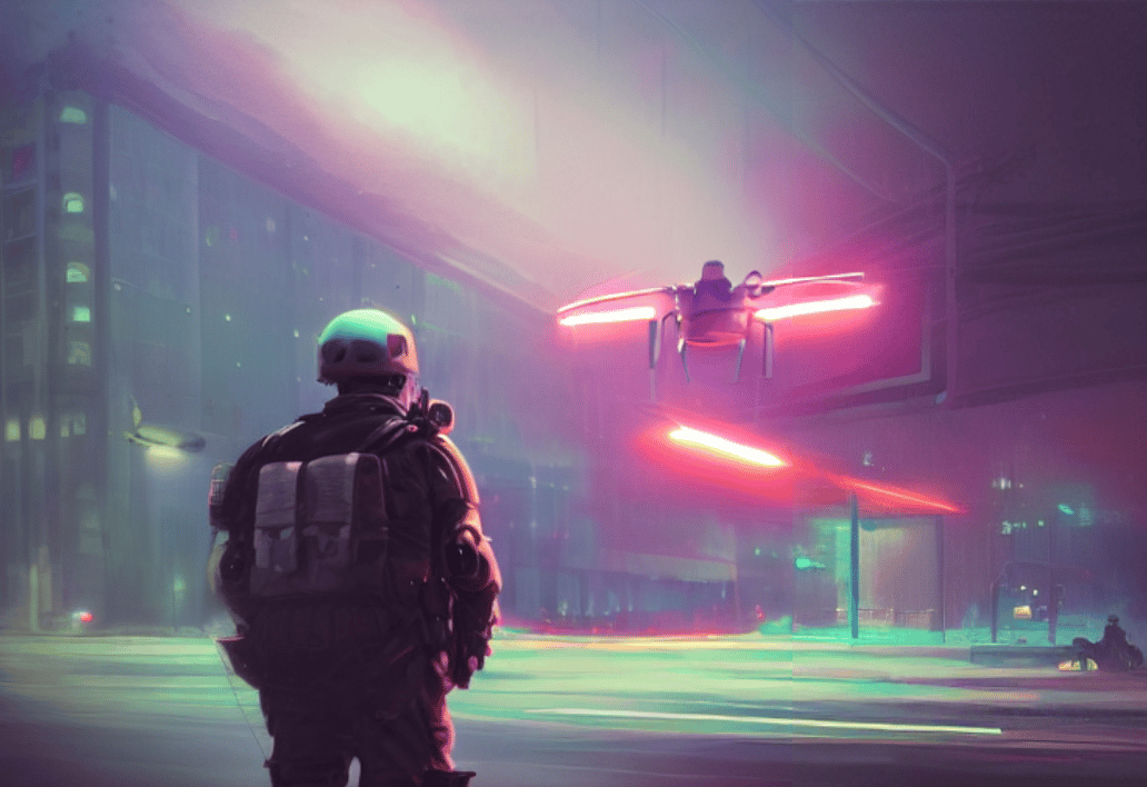 Outpainting final result: A soldier with his back to the camera stares at a drone hovering in the middle of the street