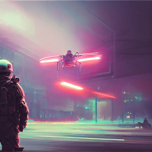 Inpainting final result: A soldier with his back to the camera stares at a drone hovering in the middle of the street