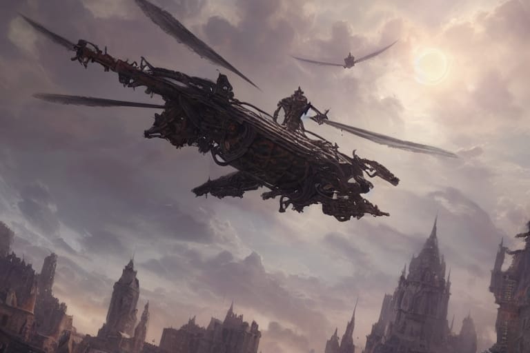 Fantasy digital art of a mechanical winged creature flying over a gothic city beneath a dramatic cloudy sky