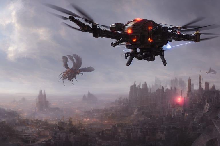 Sci-fi digital art of an armed combat drone with glowing orange lights firing a laser over a vast dystopian city skyline