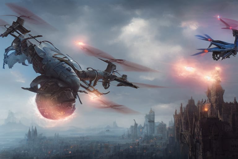 Fantasy digital art of armored airships firing energy blasts over a gothic city skyline under cloudy skies