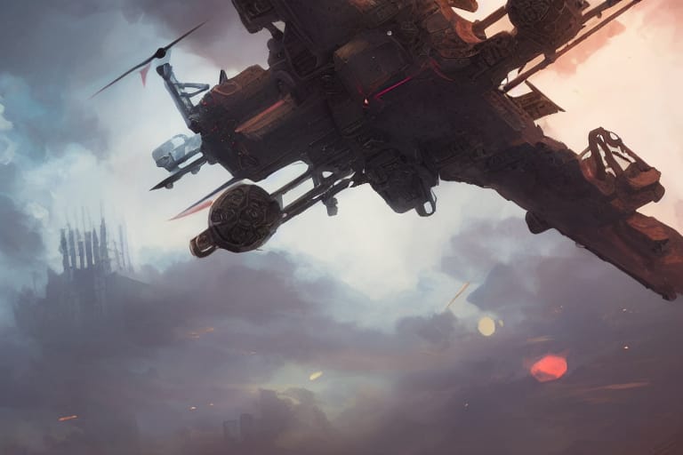 Digital concept art of a massive steampunk airship flying through cloudy skies above a gothic city skyline