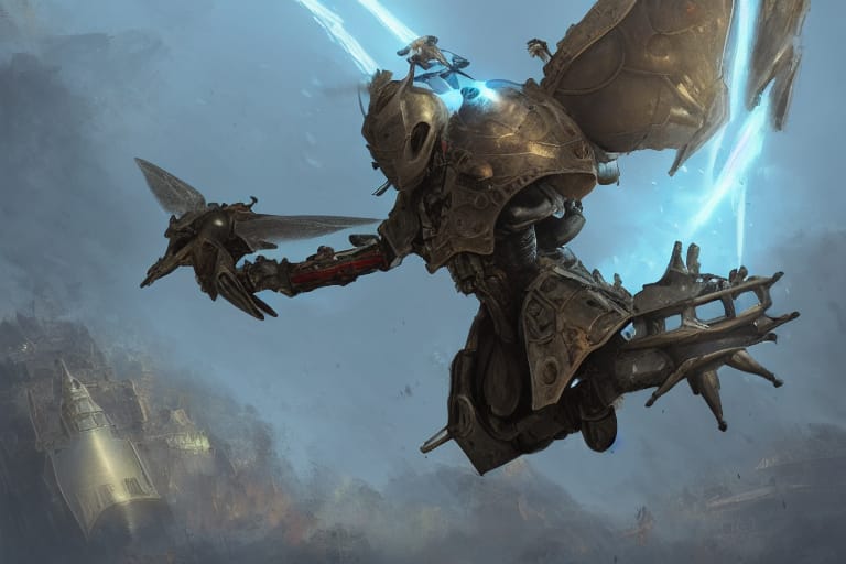 Armored mechanical creature with insect-like wings soaring through a stormy sky, firing a blue energy beam toward a distant castle