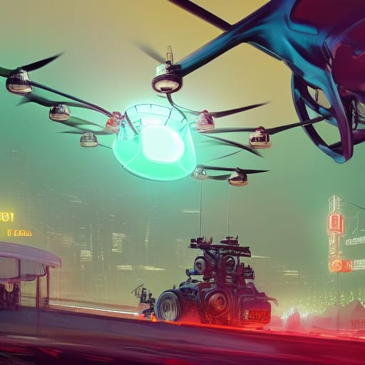 A drone with many blades hovers in the sky