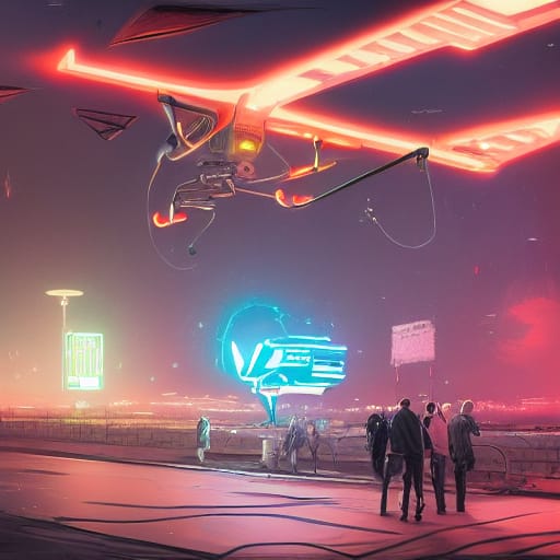 A large glowing drone hovers in the sky. A handful of people watch from a bridge