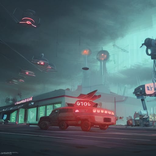 A truck with 6 square tail lights drives past a shop. Drones appear above it