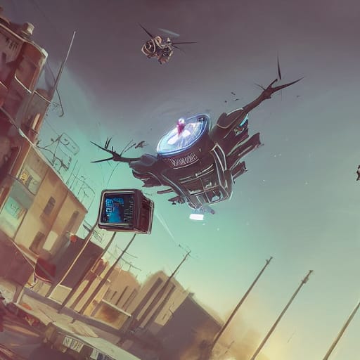 A large drone hovers in the sky