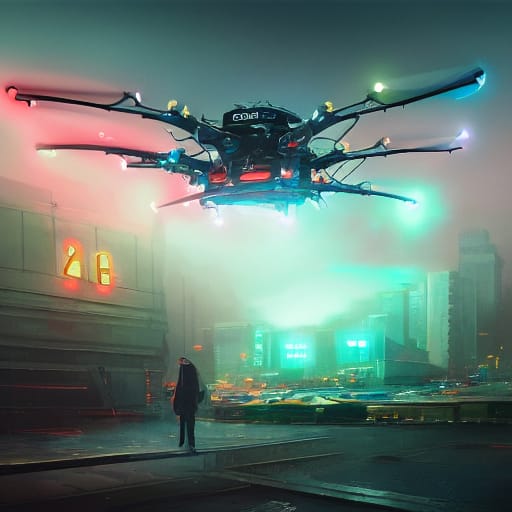 A large 6-armed drone hovers in the center. A cyborg walks under it