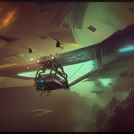 Fantasy drone flying around with dollar bills in the air