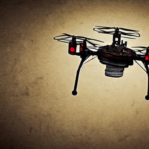 A painting of a quadcopter in a spotlight