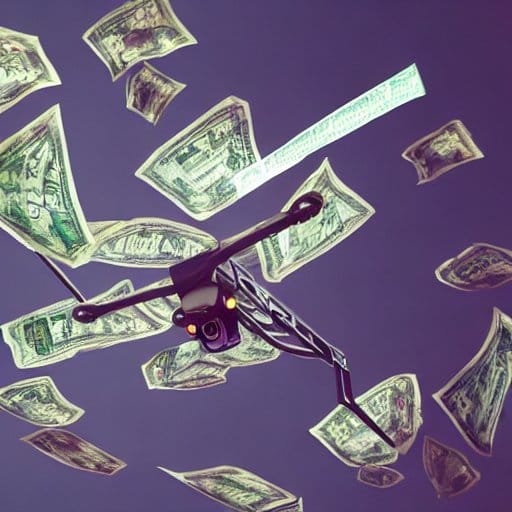A drone spins in the air with dollar bills in the background