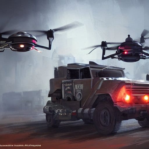 Digital concept art of a military armored vehicle with glowing red lights pursued by two armed drones in a hazy urban setting