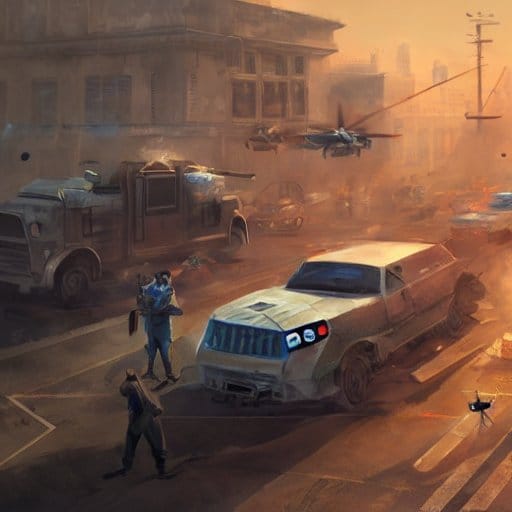 Digital concept art of a dusty post-apocalyptic street scene with armed figures, a battered car, military trucks, and helicopters in a hazy orange sky