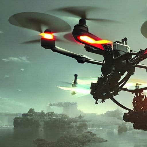 A dark, mechanical drone with glowing red lights flies over a moody, dystopian landscape with ruins and water below