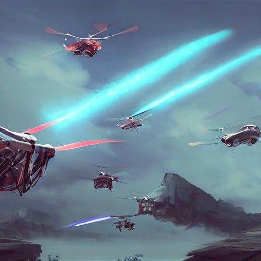 Digital concept art of futuristic aircraft firing cyan laser beams over a rocky alien landscape under a cloudy sky