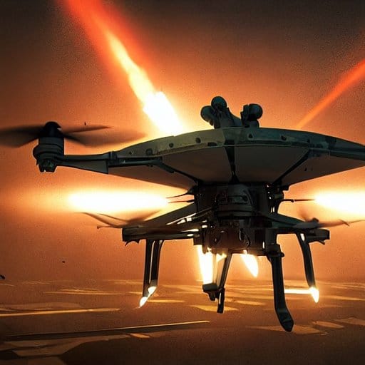 A military drone flying low with bright flames and explosions visible in the orange-lit sky behind it