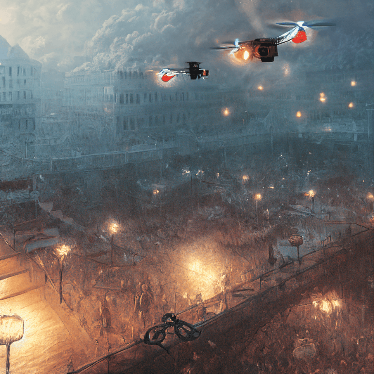 Digital artwork of armed drones flying over a dystopian ruined cityscape lit by scattered flames and glowing streetlights under a smoky sky
